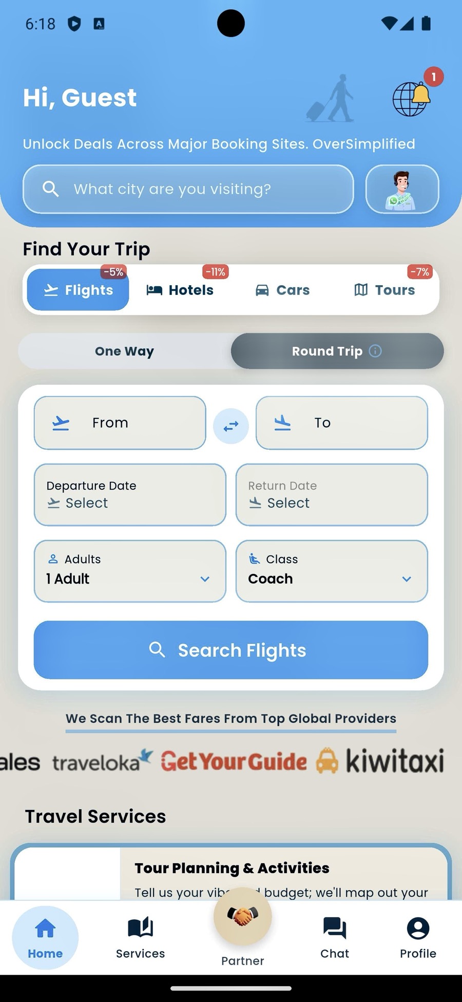 Safar Sahal app home screen with flight, hotel, car and tour search